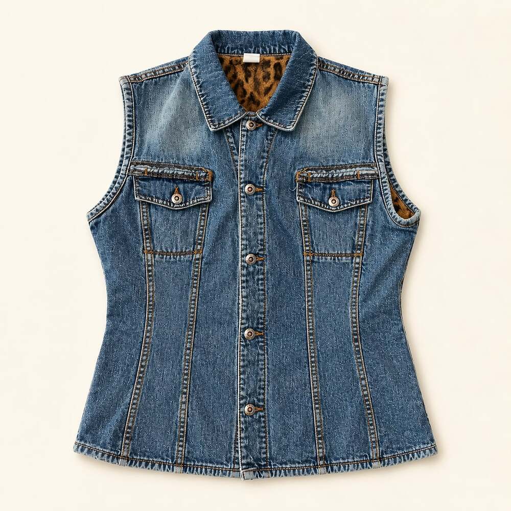 Blue System Leopard Faux Fur Denim Vest Y2K Grunge Made in Italy Size 2